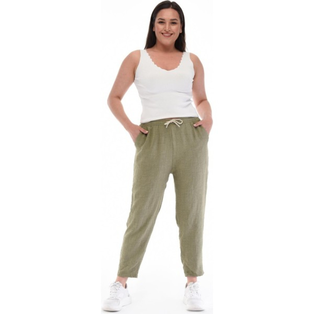 Büyük Beden Keten Yüksek Bel Lastikli Dar Paça Mom Pantolon C611 Kadın Pantolon Fiyatı