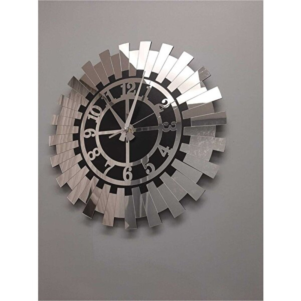 Büyük Dekoratif Gümüş Güneş Duvar Saati Modern Türk Rakamlı Mdf Üzeri Aynalı Pleksi 50X50 cm Dekoratif Saat Fiyatı