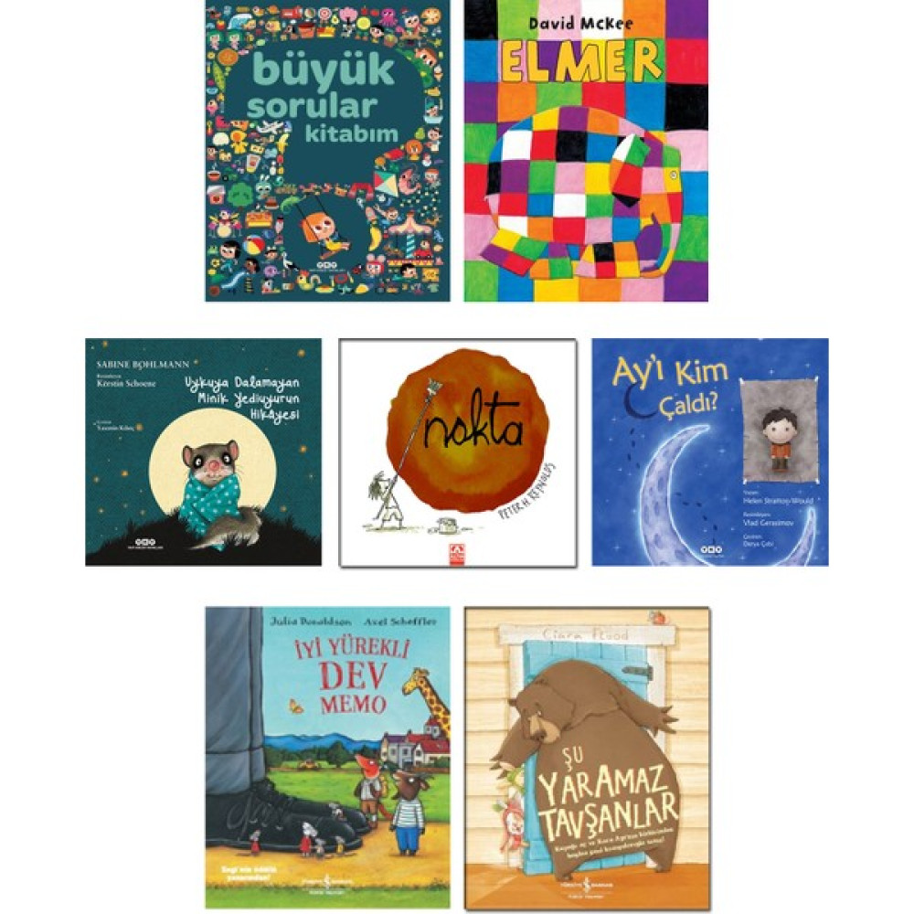 Büyük Sorular Kitabım + Elmer + Uykuya Dalamayan Minik Yediuyurun Hikayesi + Nokta (Peter Reynolds) + Ay'ı Kim Çaldı? + İyi Yürekli Dev Memo + Şu Y... Çocuk Masal Fiyatı