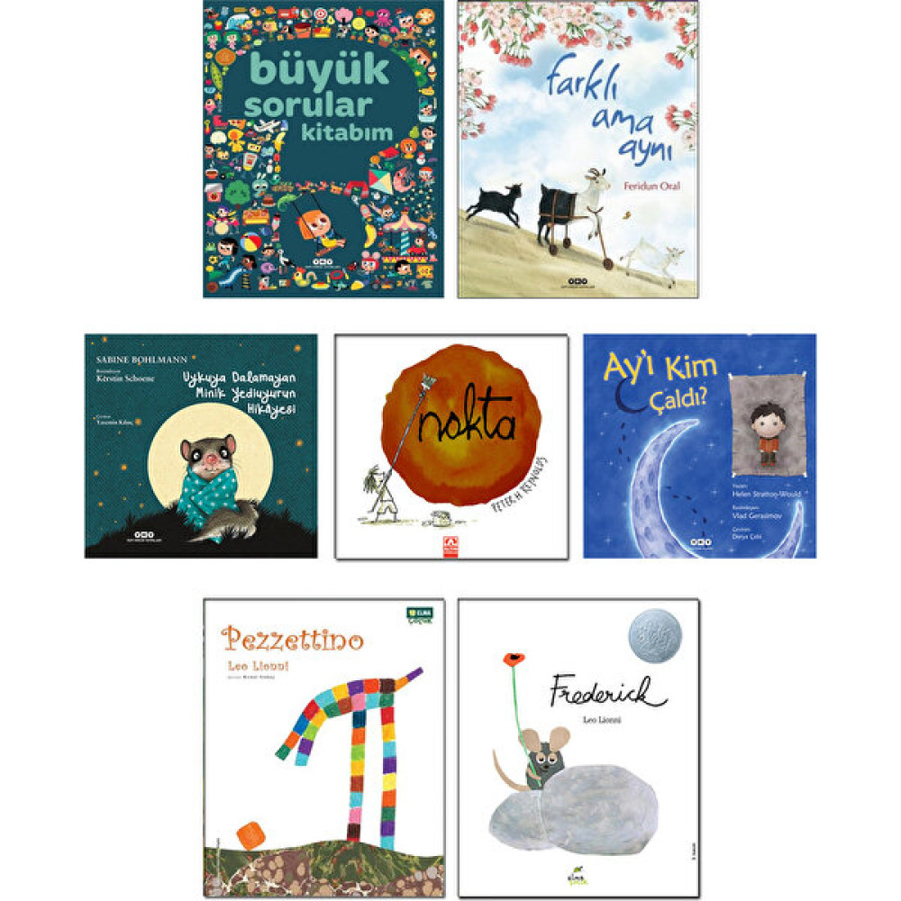 Büyük Sorular Kitabım + Farklı Ama Aynı + Uykuya Dalamayan Minik Yediuyurun Hikayesi + Nokta (Peter Reynolds) + Ay'ı Kim Çaldı? + Pezzettino + Fred... Çocuk Masal Fiyatı