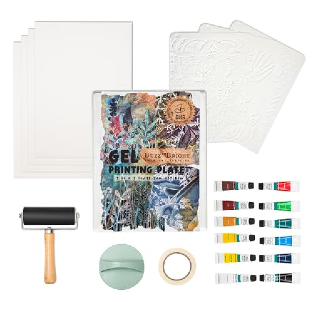BuzzBright Gel Printing Plate kit, Complete Printmaking Set with 5”X7” Gelatin Plate, Brayer, Printmaking Paper, Acrylic Paint and Essential Tools for Mixed Media Art, Monoprinting, Card Making