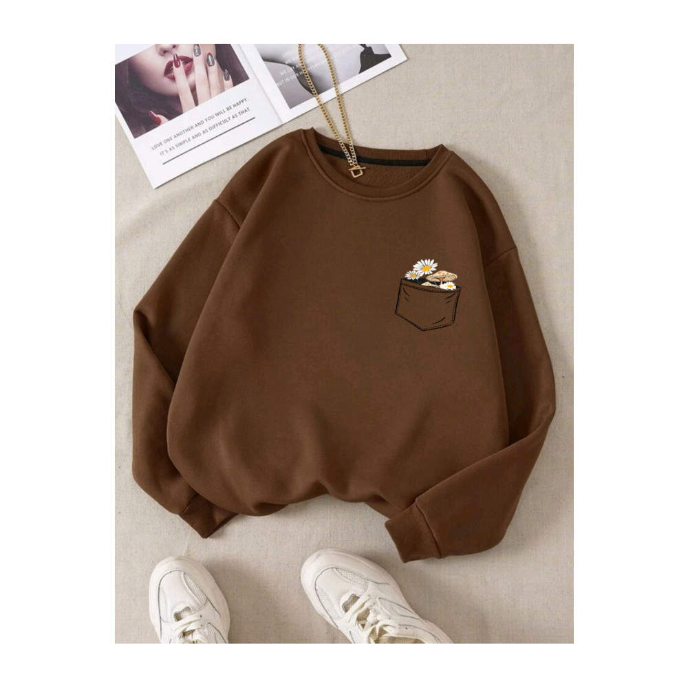 BW Bravely Wear Çiçek Baskılı Bisiklet Yaka Pamuklu Sweatshirt L Beden Bayan Sweatshirt Fiyatı