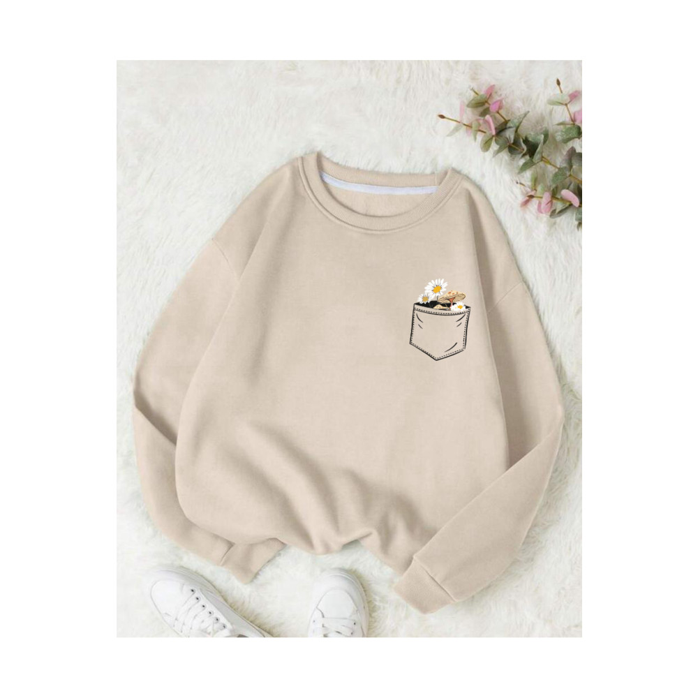 BW Bravely Wear Çiçek Baskılı Bisiklet Yaka Pamuklu Sweatshirt M Beden Bayan Sweatshirt Fiyatı