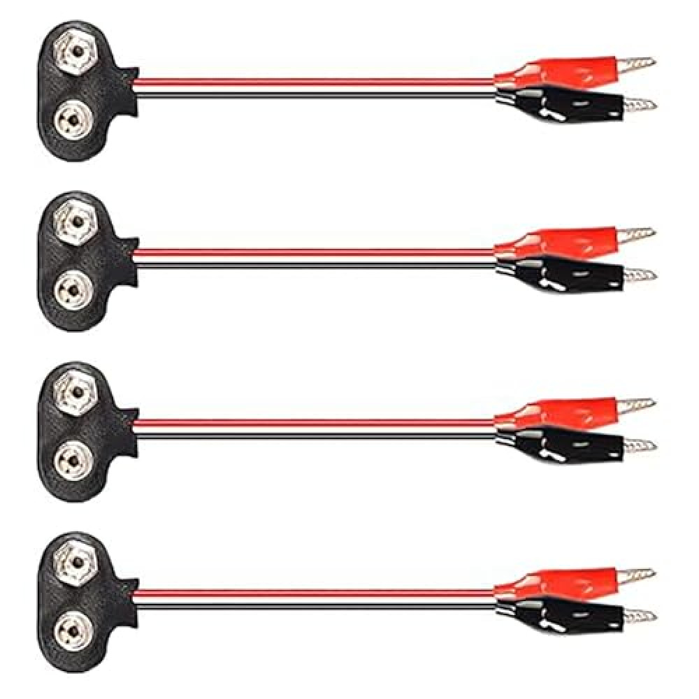 Bxian 4PCS T Shape 9V Battery Snap Connectors 15cm Positive and Negative Snap Leads to Dual Alligator Clip Cables for Connecting Power Modules Breadboard Electrical Engineering