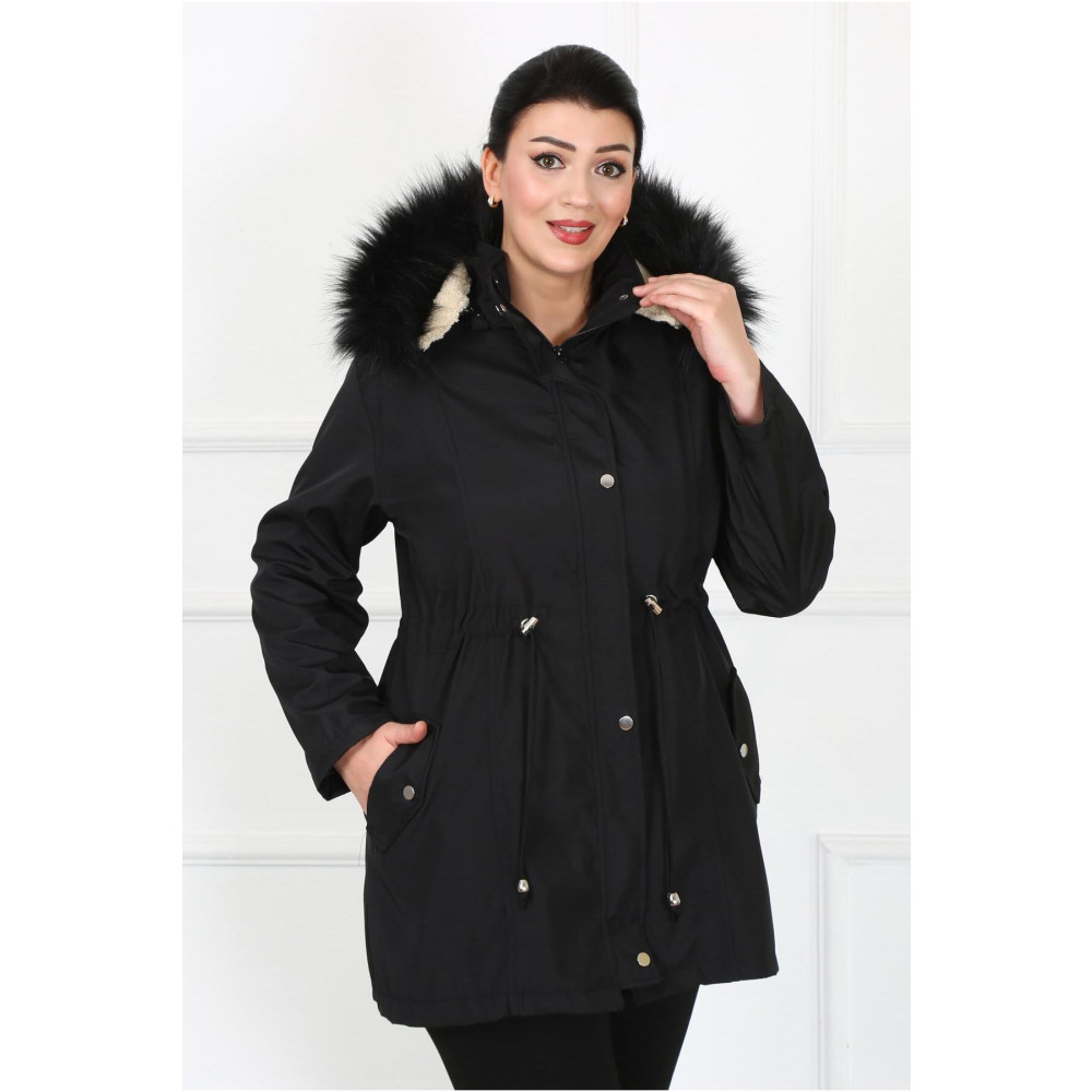 By Alba Collection Kadın Siyah Su Itici Bondit Kumaş Kürk Kapüşonlu Büyük Beden Mont 56 Beden Giyim & İç Giyim Fiyatı