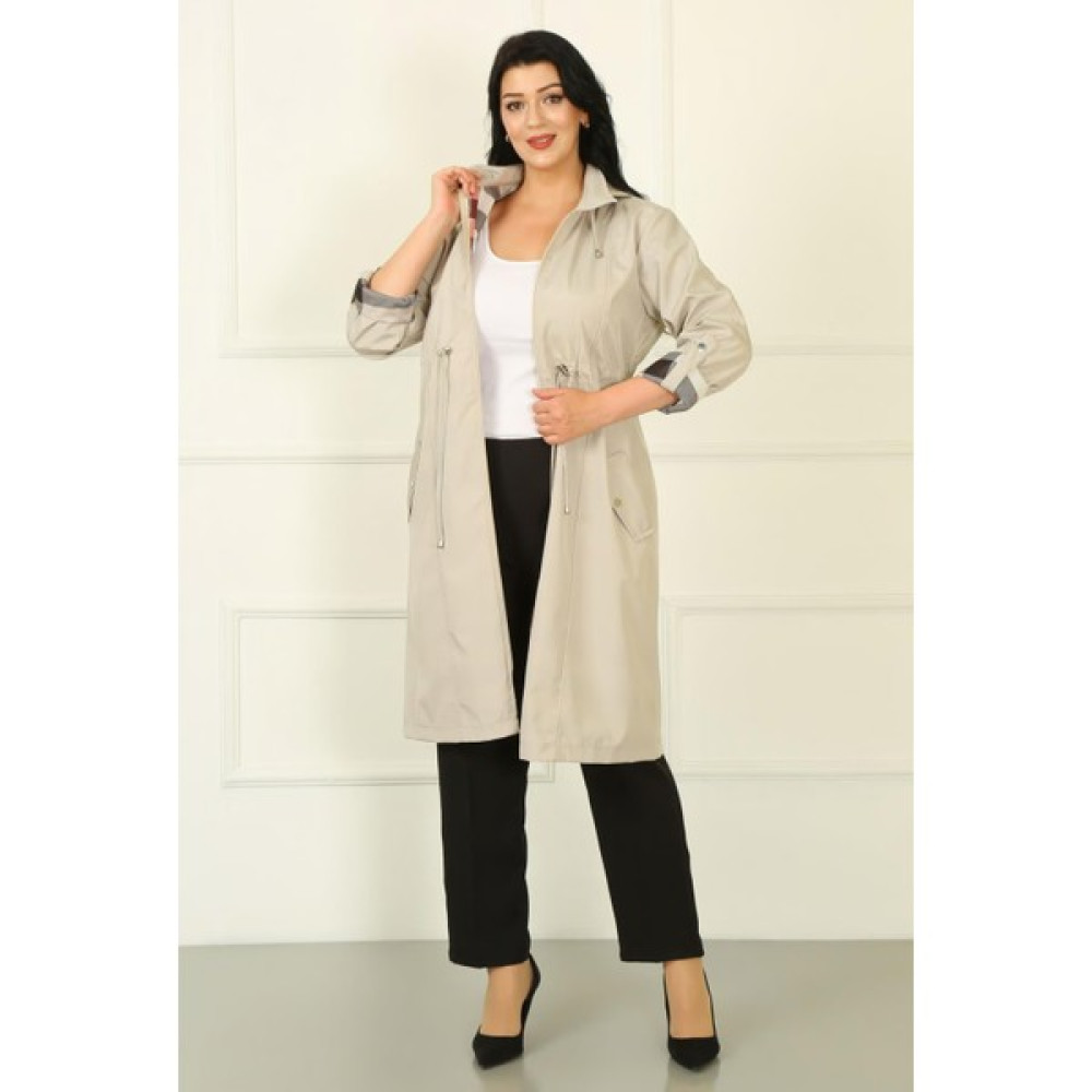 By Alba Collection Kadın Taş Rengi Uzun Ekose Detay Büyük Beden Trençkot Kadın Trençkot Fiyatı