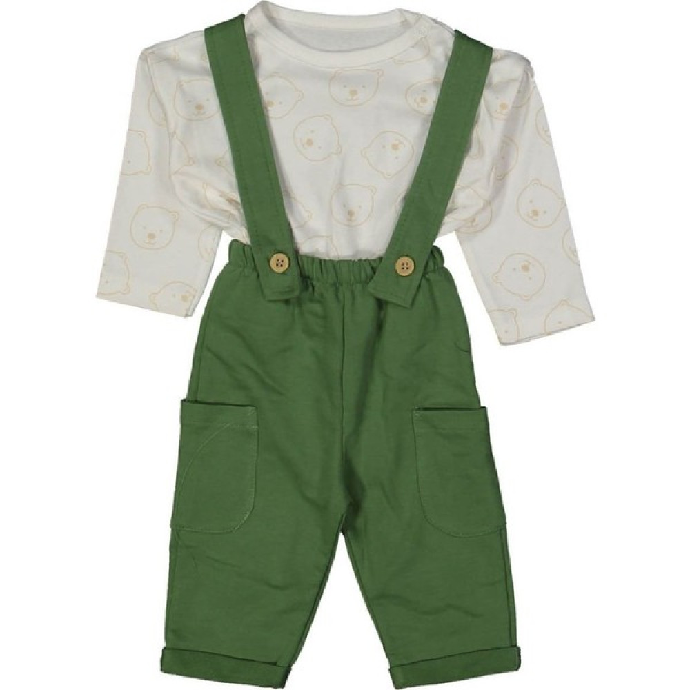 by BebekOdam Erkek Bebek Ekru Yeşil Ayıcık Baskılı Salopet Takım - 1013437 Bebek Tulumu Fiyatı