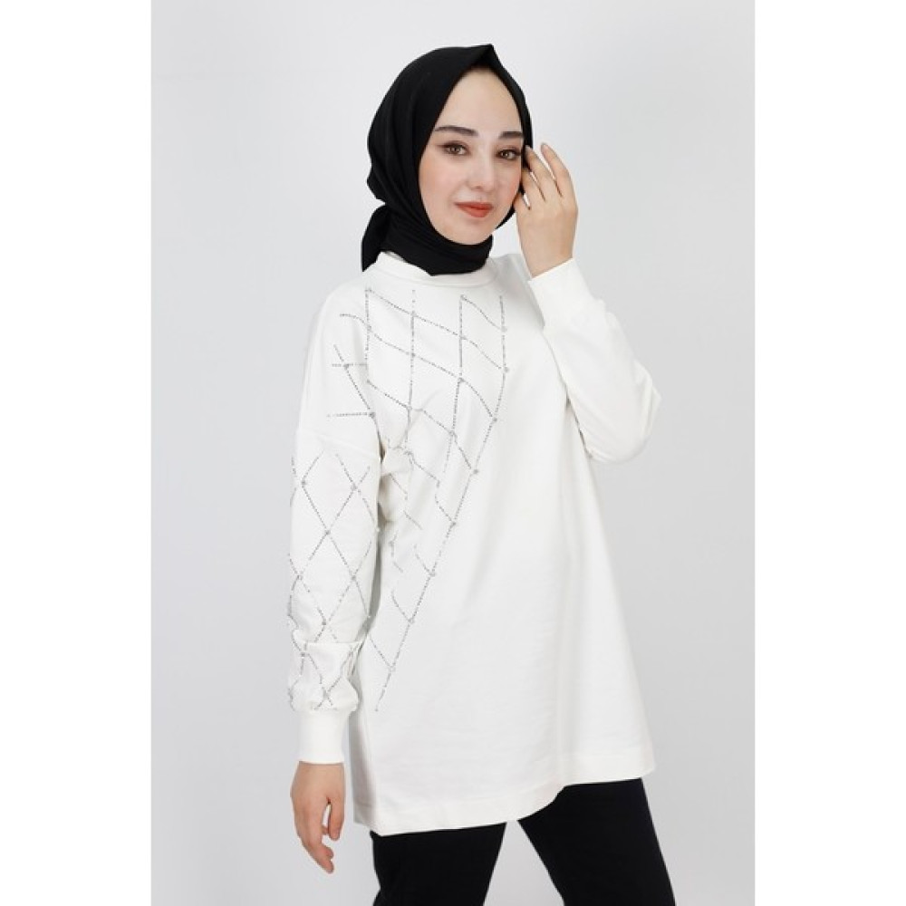 By Coolest Butik 23284 Ekose Taş Baskılı 2 Ip Kumaş Sweatshirt Bayan Sweatshirt Fiyatı