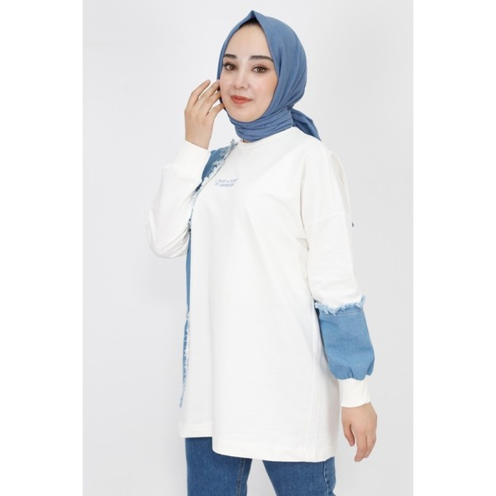 By Coolest Butik 23298 2 Ip Kumaş Kot Garnili ve Nakış Detaylı Sweatshirt Bayan Sweatshirt Fiyatı