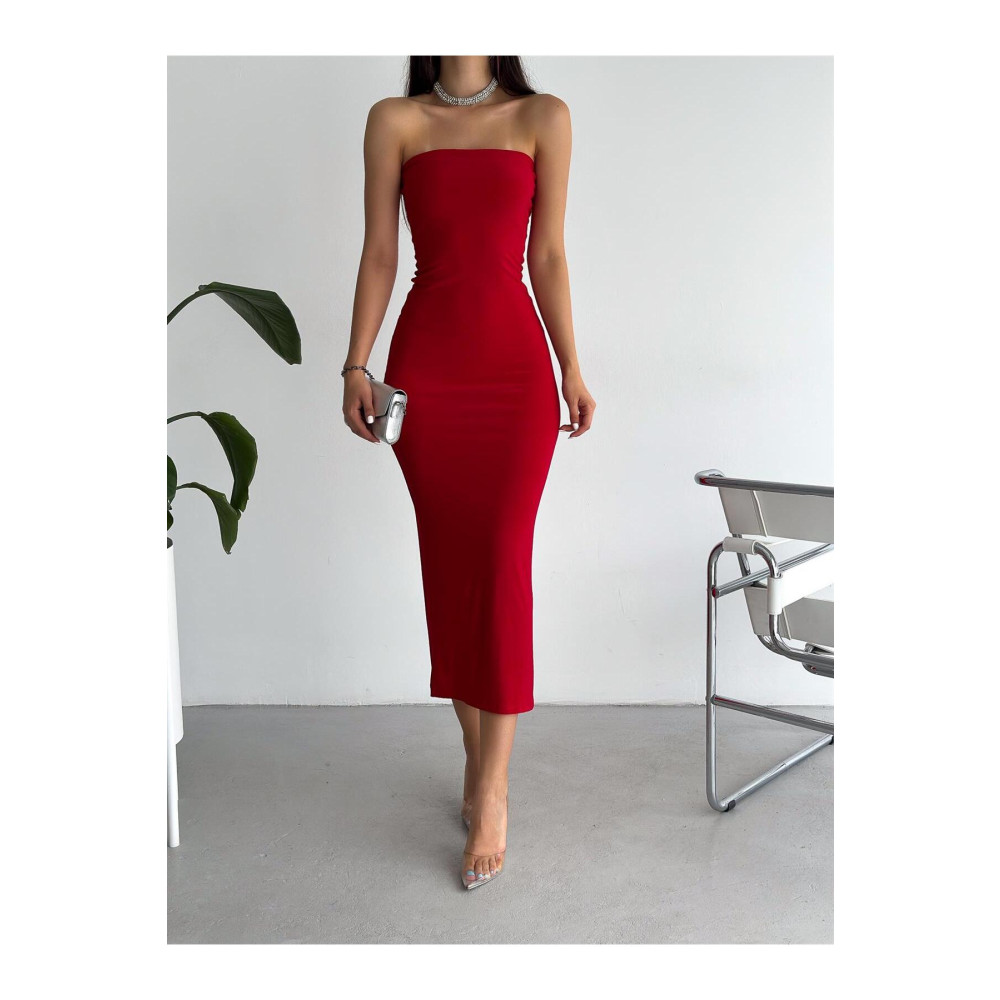 by eymen design Kadın Kırmızı Straplez Ipek Jarse Maxi Elbise 2XL Beden Elbise Fiyatı