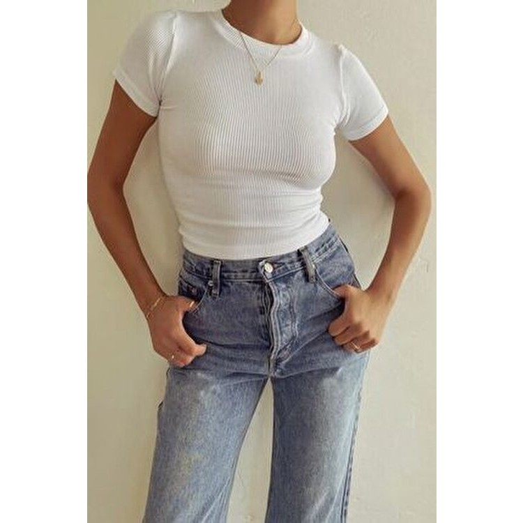 By Gecce Kısa Kollu Crop Kadın Bluz Regular Kalıp Bisiklet Yaka Ekru Renk Günlük Stil Bisikletler Fiyatı