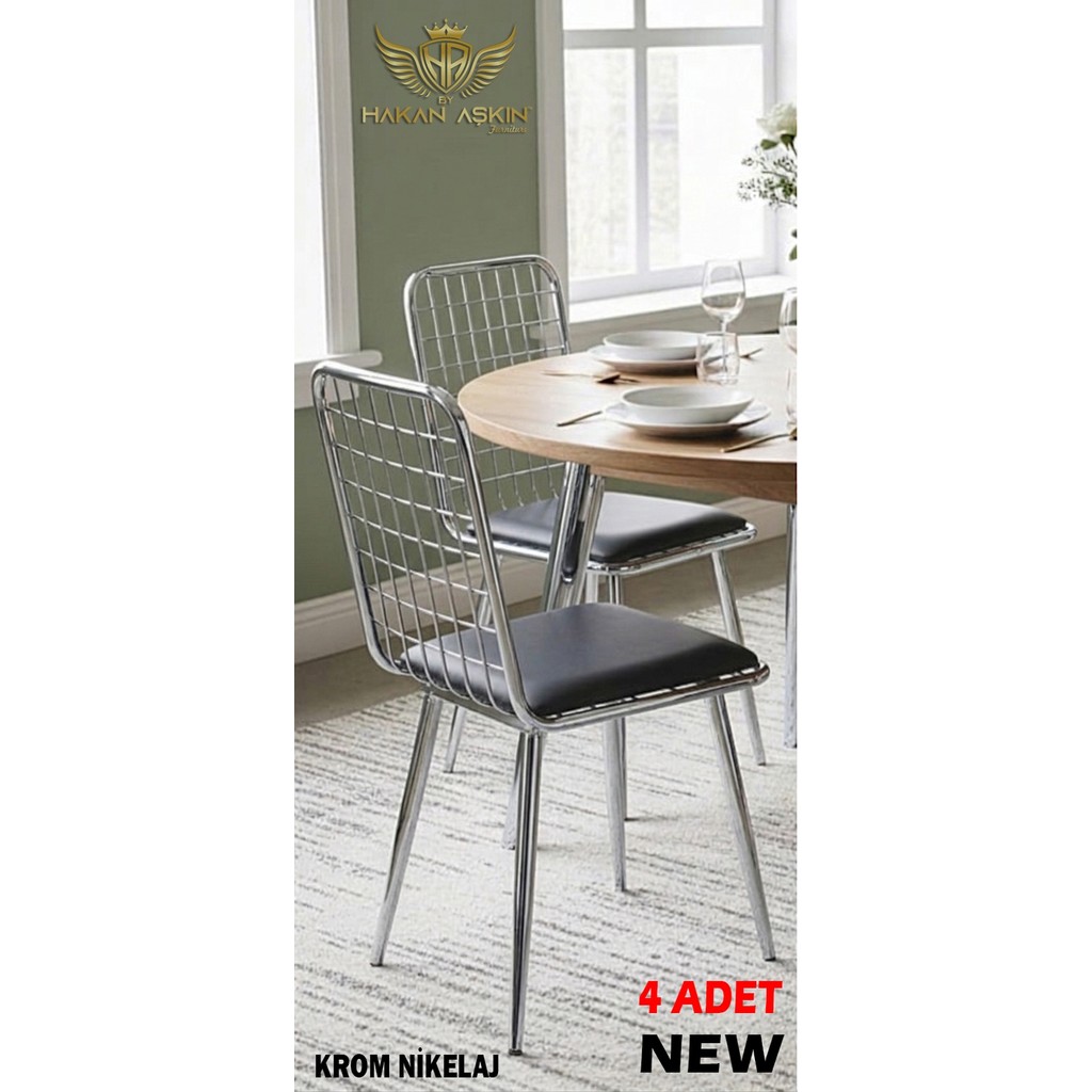 By Hakan Aşkın Borulu Lux 4x Adet Tel Sandalye Salon-Mutfak-Balkon-Çalışma Sandalyesi - Krom - Siyah Standart Sandalye Fiyatı