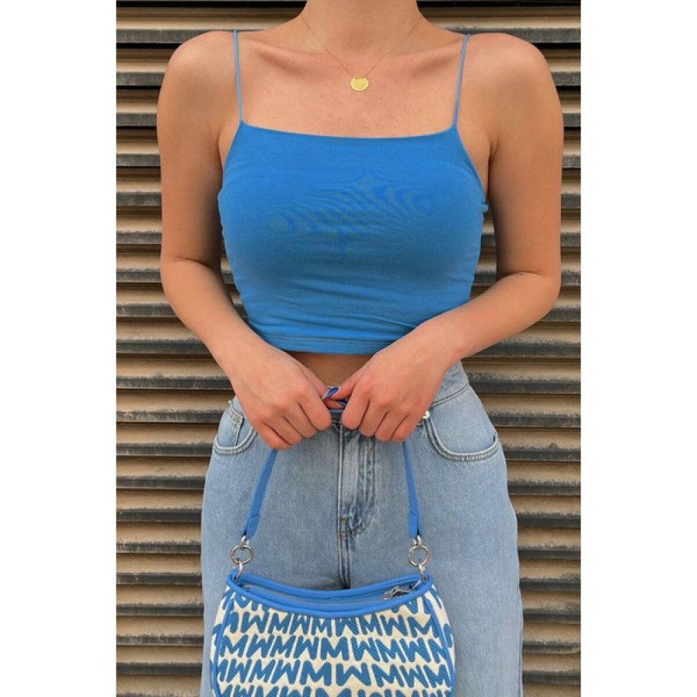 By Helin Ateş Mavi Ip Askılı Basic Büstiyer Bluz Fiyatı