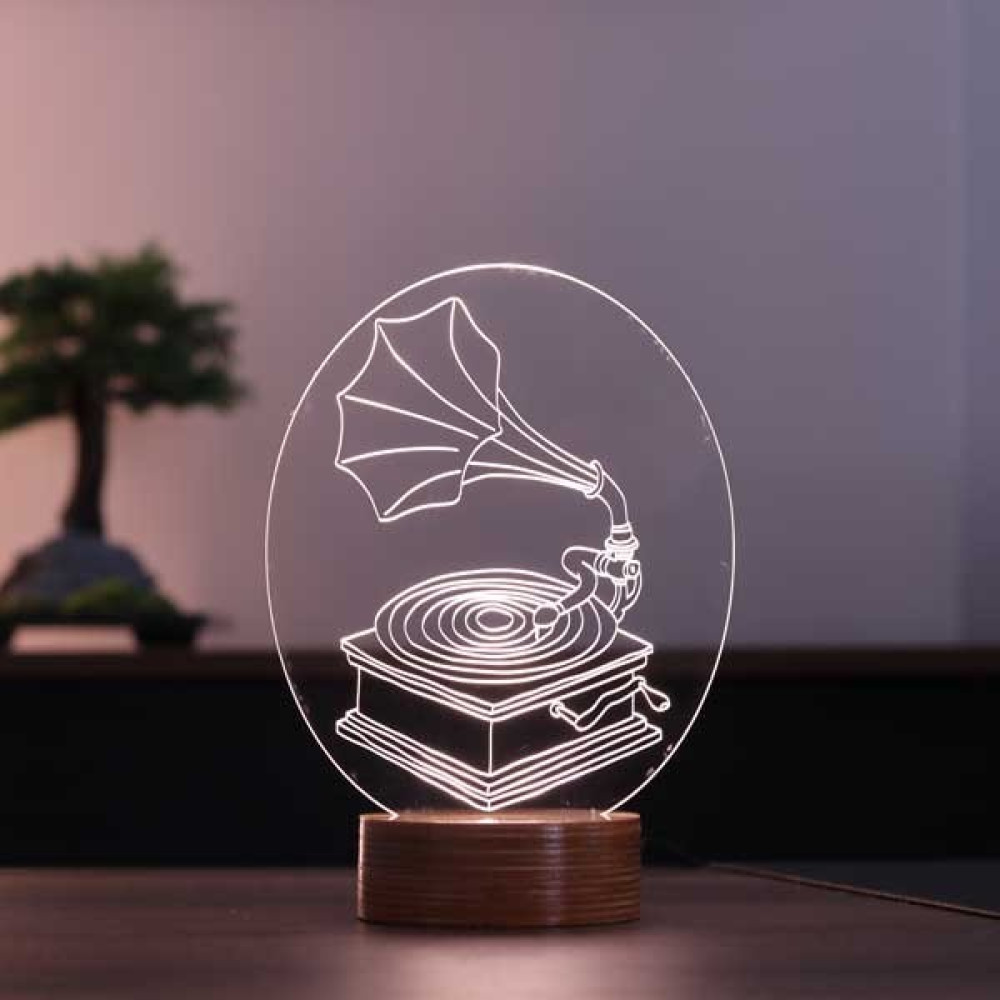 By-Lamp Gramofon Figürlü Dekoratif Hediye Led Masa Lambası | 7 Işık Rengi | Ahşap Taban - Renkli Masa Lambası Fiyatı