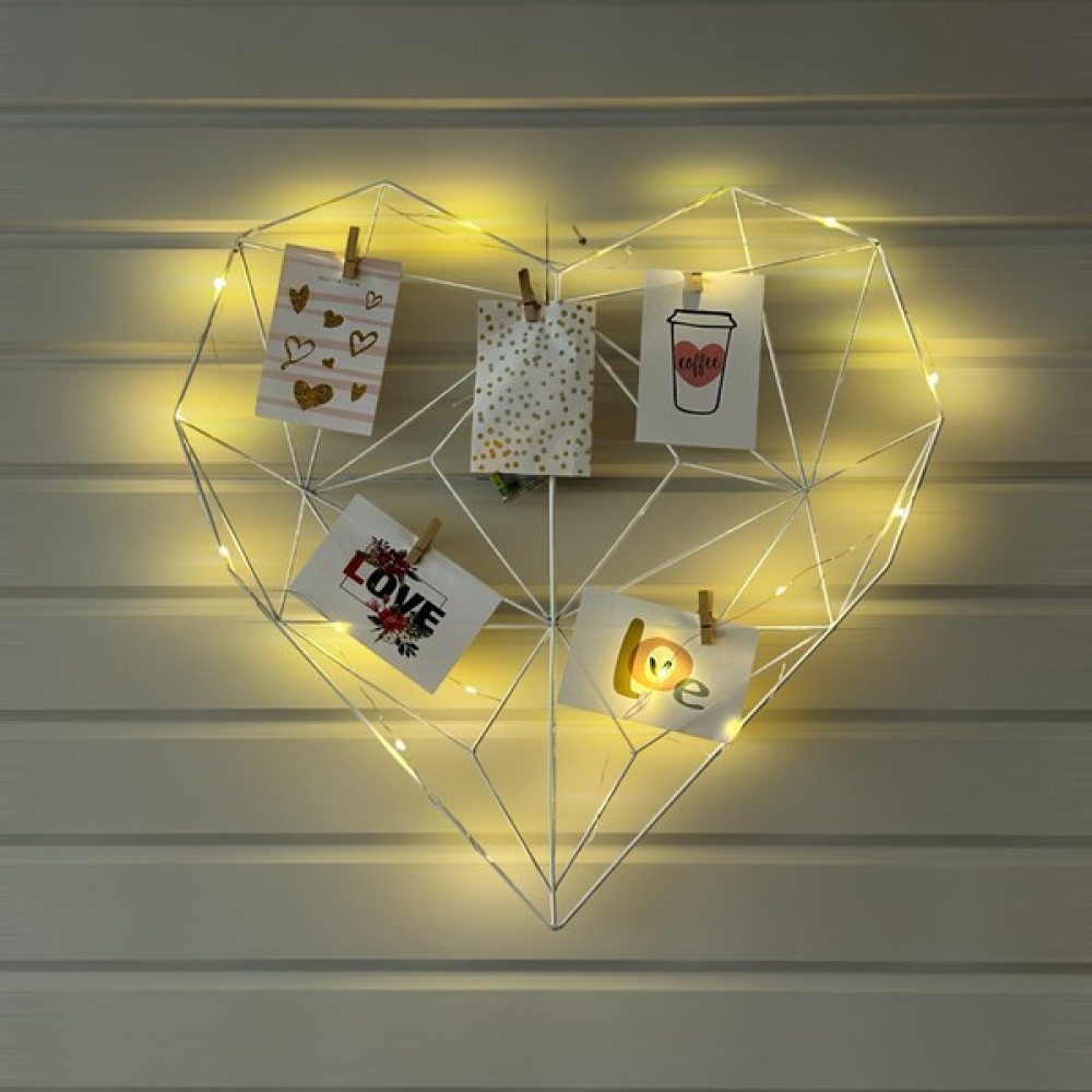 By-Lamp Işıklı ve Mandallı Kalp Beyaz Tel Pano Pano Fiyatı