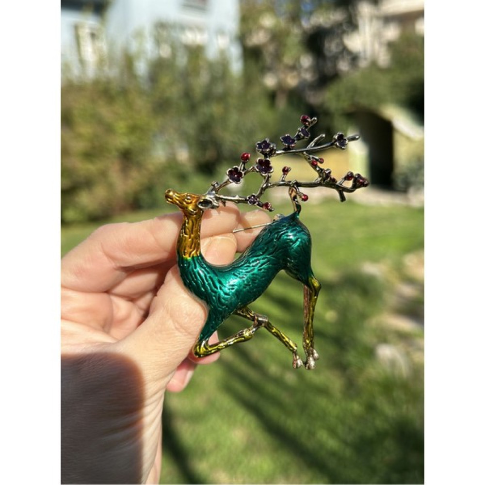 By Merve Gümüş Yılbaşı Hediyesi Yeşil Geyik Taşlı Broş 7 cm Toka, Taç & Saç Bandı Fiyatı
