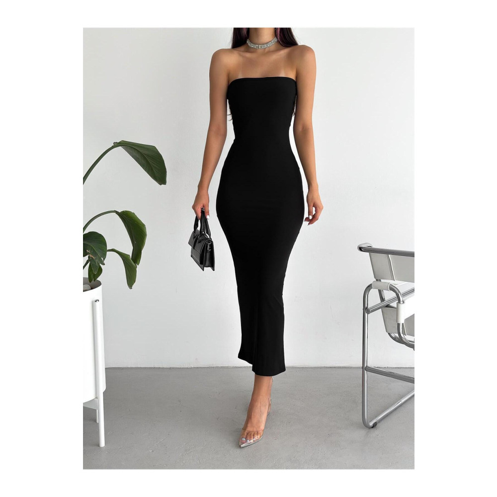 by serkan design Kadın Siyah Straplez Kesim Yırtmaçlı Ipek Jarse Maxi Elbise 3XL Beden Elbise Fiyatı