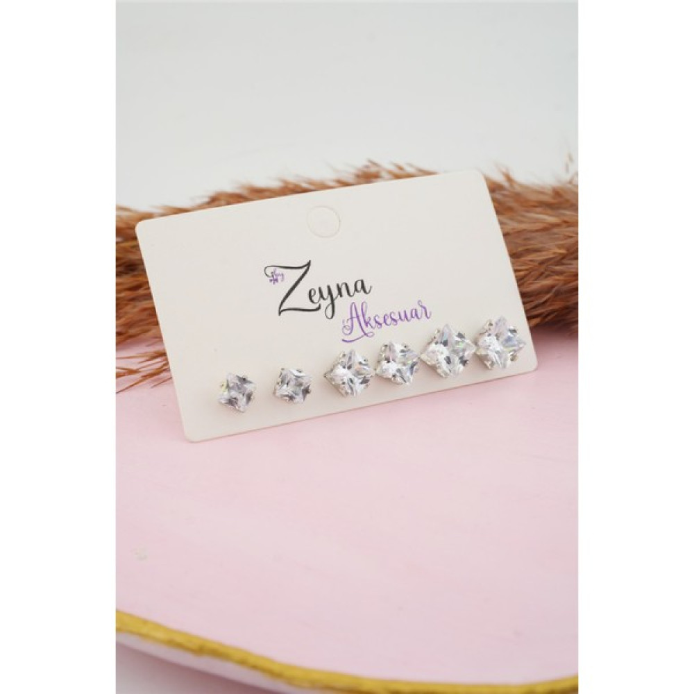 By Zeyna Aksesuar Kadın 3 Boy 6'lı Kare Zirkon Taşlı Küpe Set - Renkli Bijuteri Küpe Fiyatı