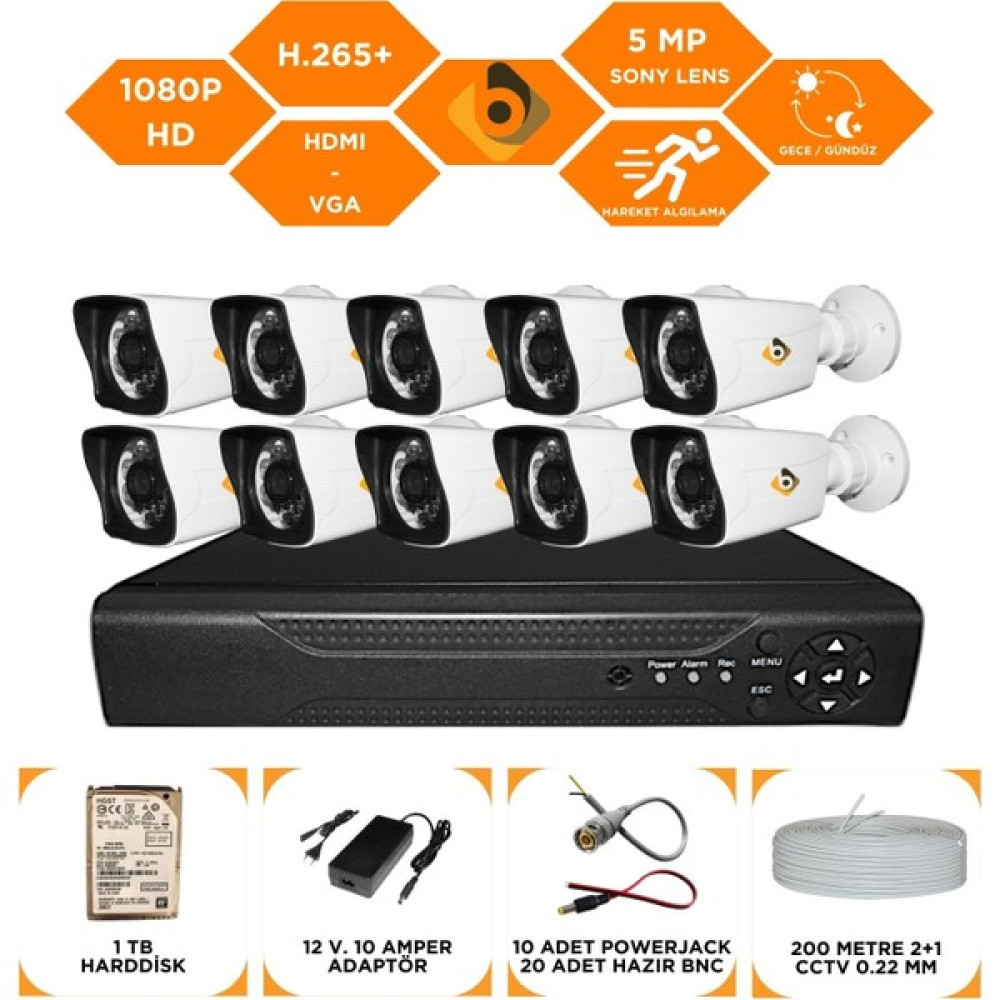 Bycam 10 Kameralı Gece Görüşlü Full Hd 1080P Kamera Seti 1 Tb Harddisk -10K0D Oto Boyaları Fiyatı