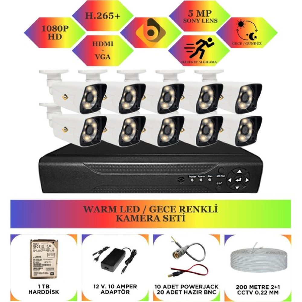 Bycam 10 Kameralı Gece Renkli Full Hd 1080P Kamera Seti 1 Tb Harddisk -10K0D Güvenlik Kameraları Fiyatı
