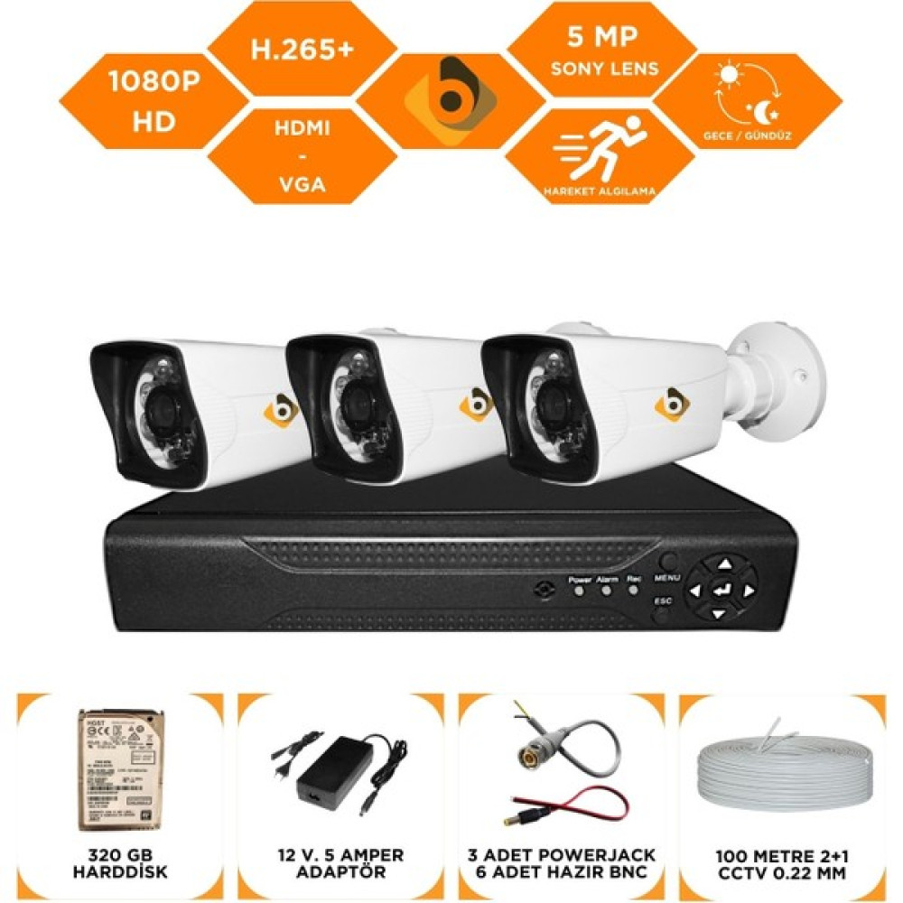 Bycam 3 Kameralı Gece Görüşlü Full Hd 1080P Kamera Seti 320 GB Harddisk -3K0D Oto Boyaları Fiyatı