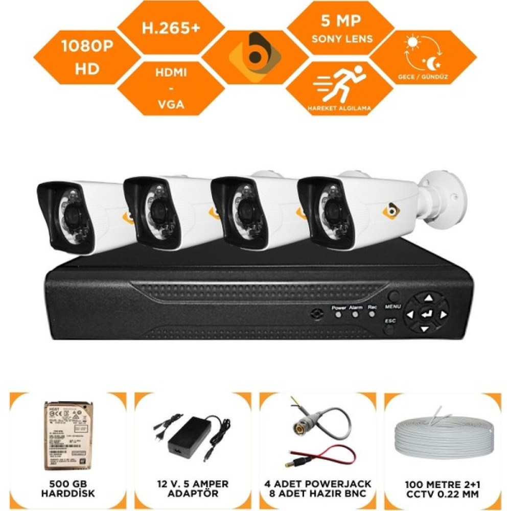 Bycam 4 Kameralı Gece Görüşlü Full Hd 1080P Kamera Seti 500 GB Harddisk -4K0D Güvenlik Kameraları Fiyatı