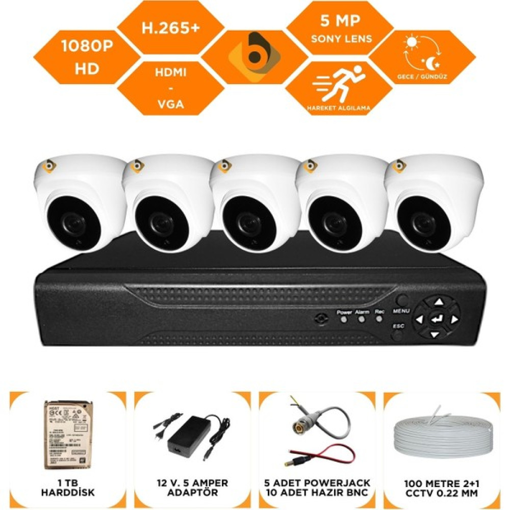 Bycam 5 Kameralı Gece Görüşlü Full Hd 1080P Kamera Seti 1 Tb Harddisk -0K5D Oto Boyaları Fiyatı