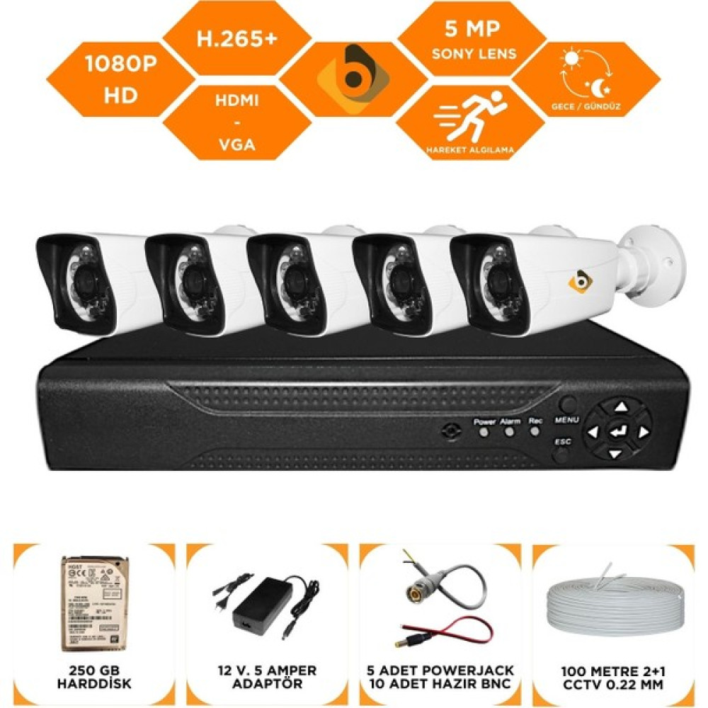 Bycam 5 Kameralı Gece Görüşlü Full Hd 1080P Kamera Seti 250 GB Harddisk -5K0D Oto Boyaları Fiyatı