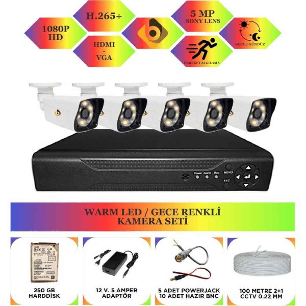 Bycam 5 Kameralı Gece Renkli Full Hd 1080P Kamera Seti 250 GB Harddisk -5K0D Oto Boyaları Fiyatı