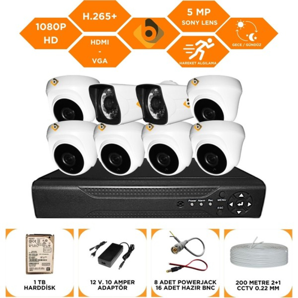 Bycam 8 Kameralı Gece Görüşlü Full Hd 1080P Kamera Seti 1 Tb Harddisk -2K6D Güvenlik Kameraları Fiyatı