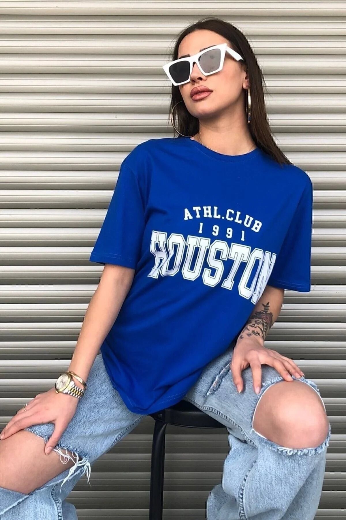 BYCOOLMEN Houston Kadın Oversize Mavi T-shirt M Beden" Bayan T-shirt Fiyatı