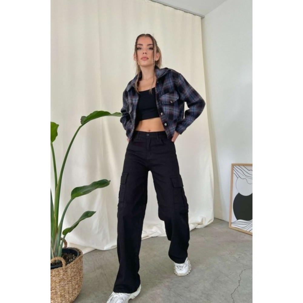 ByCukurovaFrango Camellia Kadın Kot Siyah Kargo Cep Palazzo Yüksek Bel Bol Paça Jean Bayan Jeans / Kot Pantolon Fiyatı