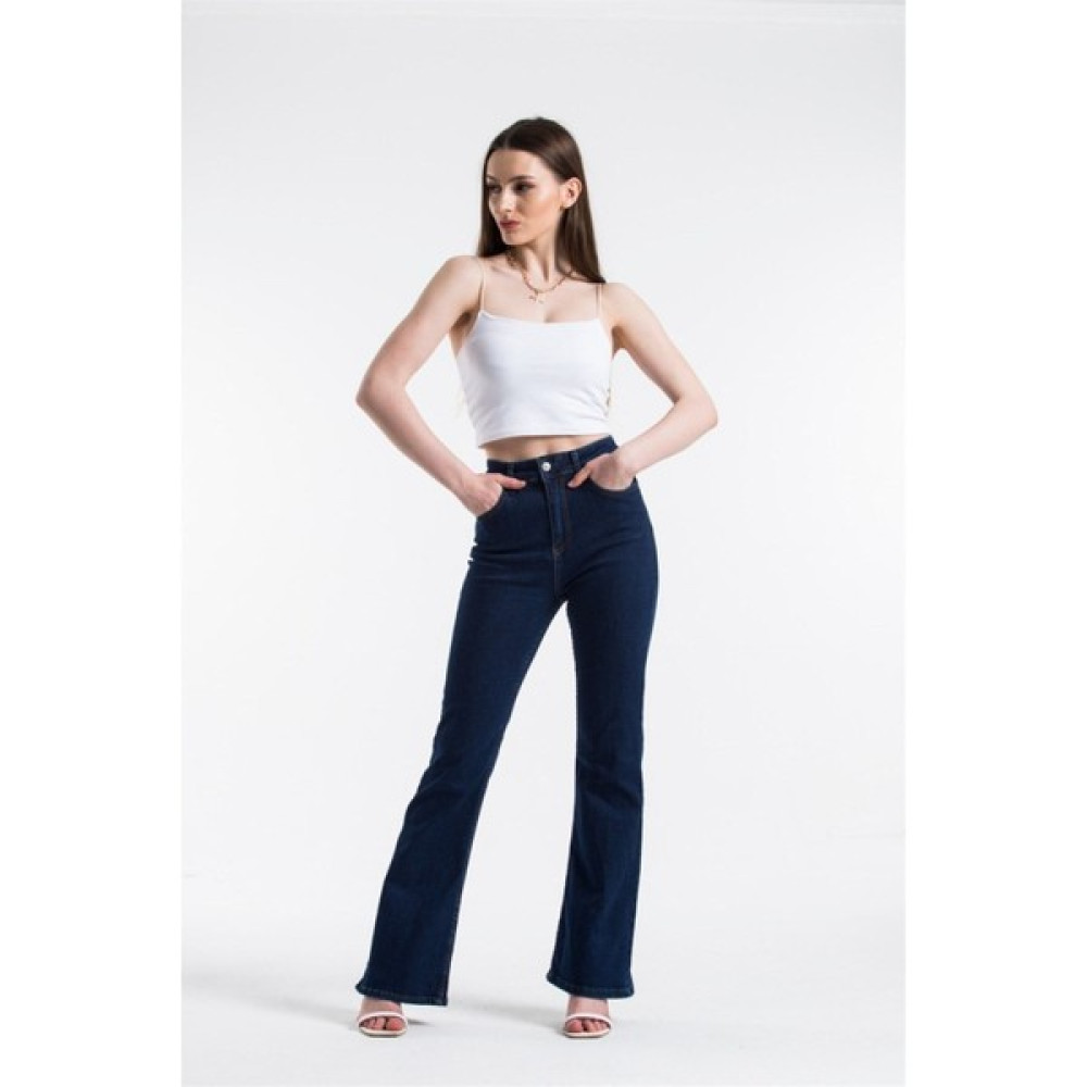 ByCukurovaFrango Kadın Yüksek Bel Koyu Mavi Ispanyol Paça Jeans Likralı Esnek Kot Pantolon (1 Beden Büyük Alınız) Bayan Jeans / Kot Pantolon Fiyatı