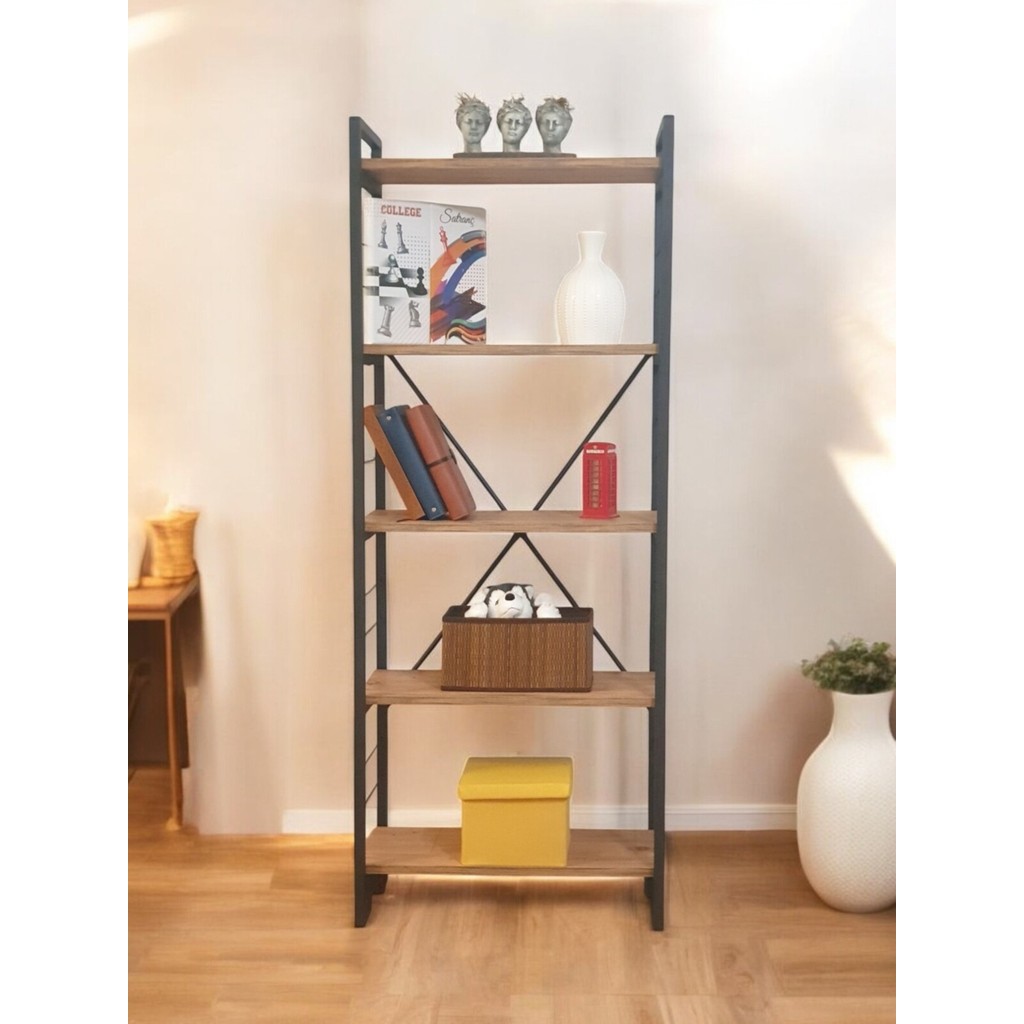 Bye Concept & More Dekoratif Ahşap Raflı Metal Kitaplık Çok Amaçlı 5 Raflı Dolap Kitaplık Fiyatı