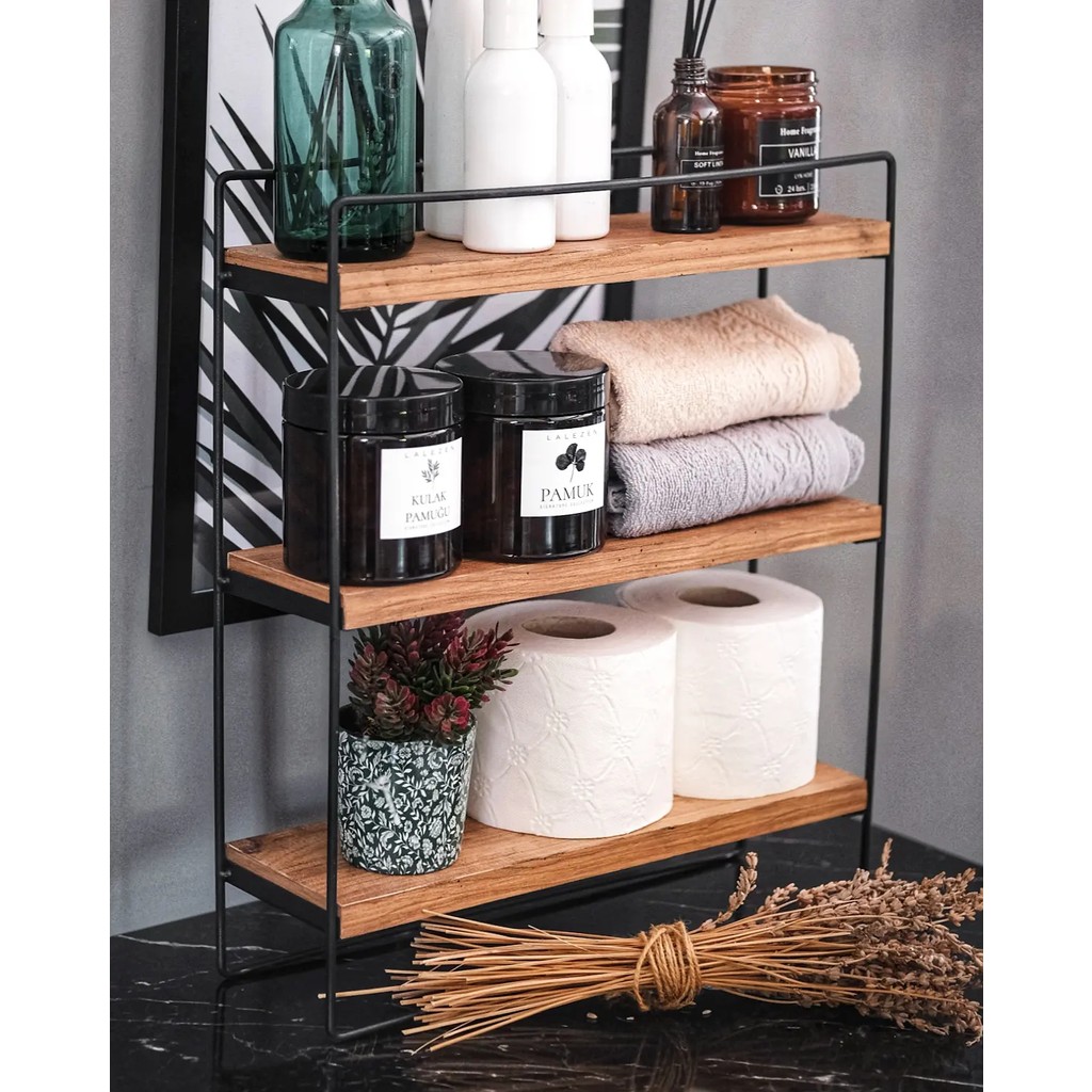 Bye Concept & More Dekoratif Ahşap Raflı Metal Mutfak ve Banyo Rafı Çok Amaçlı Duvar Rafı ve Masa Üstü 3 Raflı Stand Duvar Rafı Fiyatı