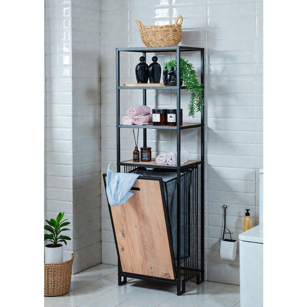 Bye Concept & More Dekoratif Kirli Sepetli Banyo Dolabı Ahşap Raflı Metal Gövdeli 4 Raflı Çamaşır Sepeti Banyo Düzenleyici Organizer Banyo Dolabı / Mobilyası Fiyatı