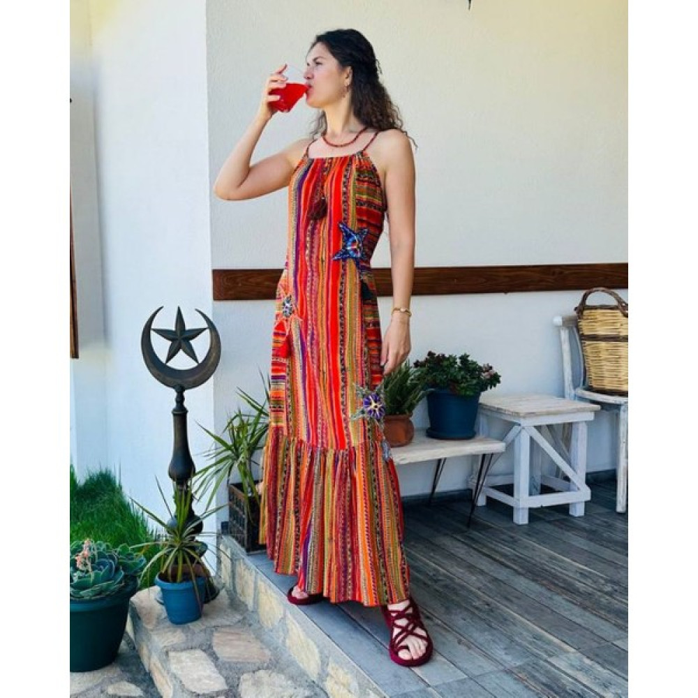 ByEnBi Ip Askılı Kilim Desenli Elbise Kırmızı Turuncu Yeşil %100 Pamuk Standart Beden Elbise Fiyatı