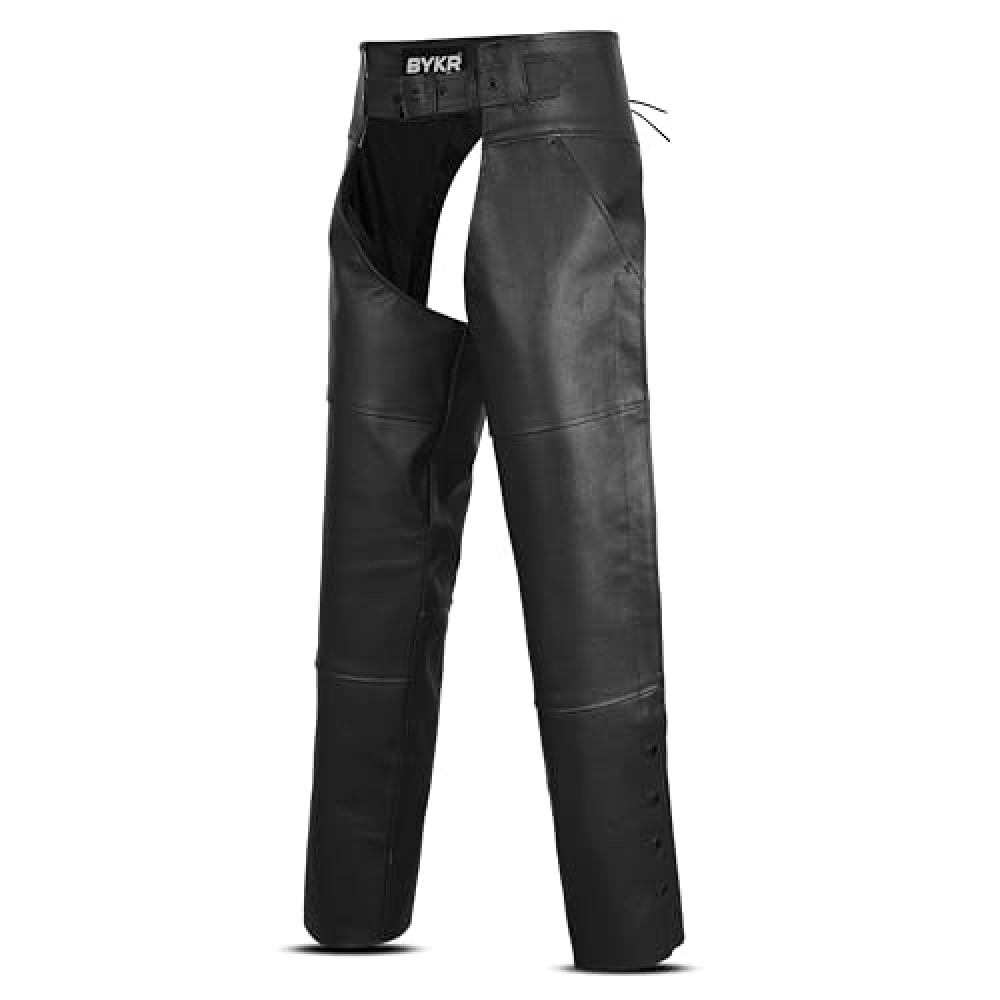 BYKR Leather Motorcycle Chaps for Men & Women Overpants Cowboy Riding Biker Vintage Chap Pants Adjustable Waist & Length (Black, 34 Inch)
