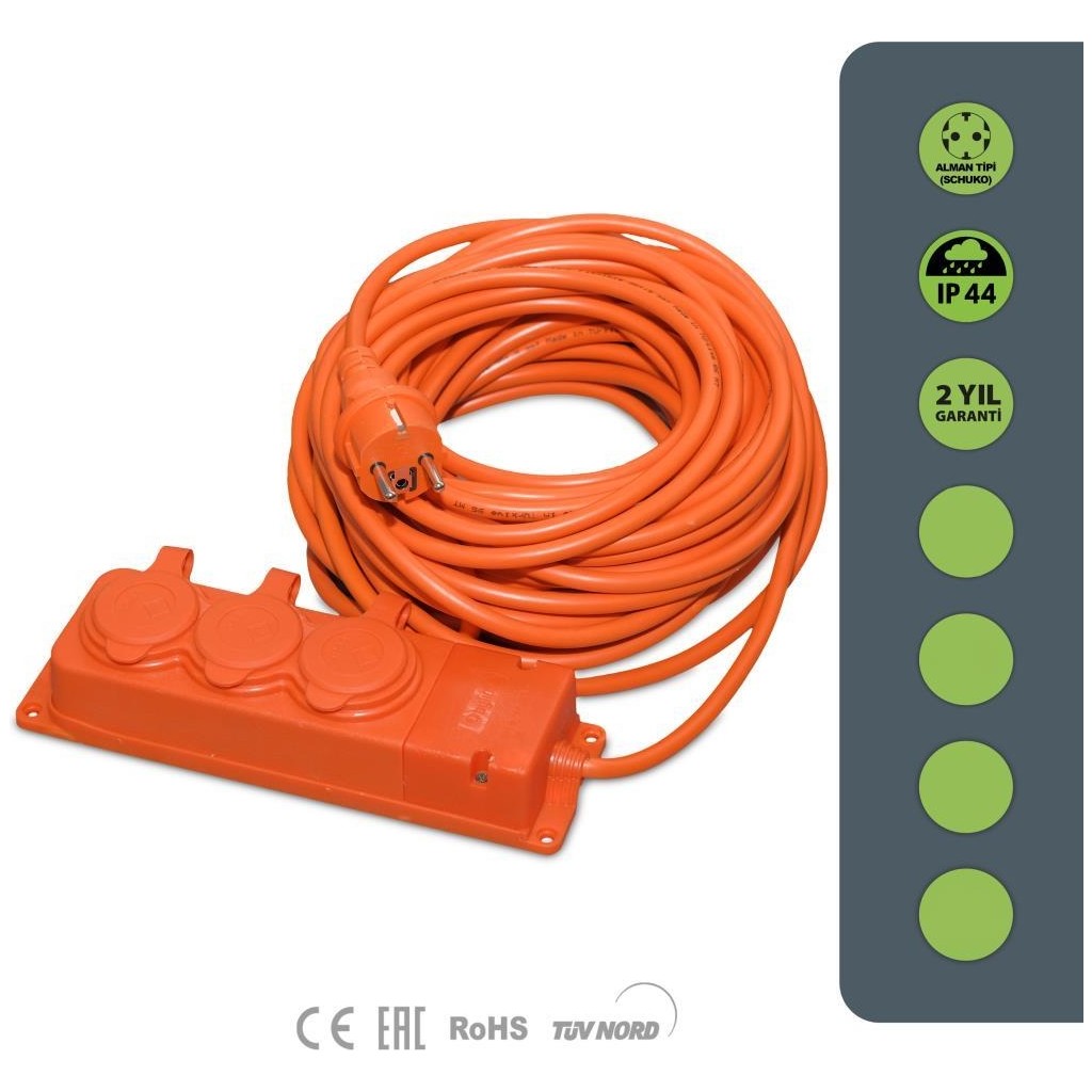 Bylion 3WAY Serisi IP44 Seyyar Uzatma Kablosu 20 Metre 3g2,5mm² (Türk Malı, Yüksek Darbe Dayanımı, Ev/ofis , Dış Mekan, Turuncu Kablo) Prizler Fiyatı