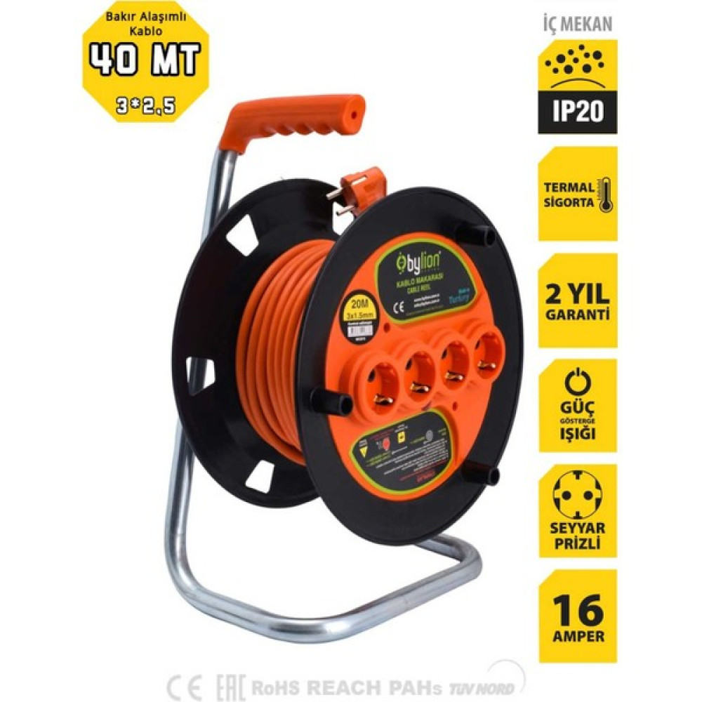 Bylion Makaralı Uzatma Kablosu 40 mt 3x2,5 mm Ttr Kablo Prizler Fiyatı