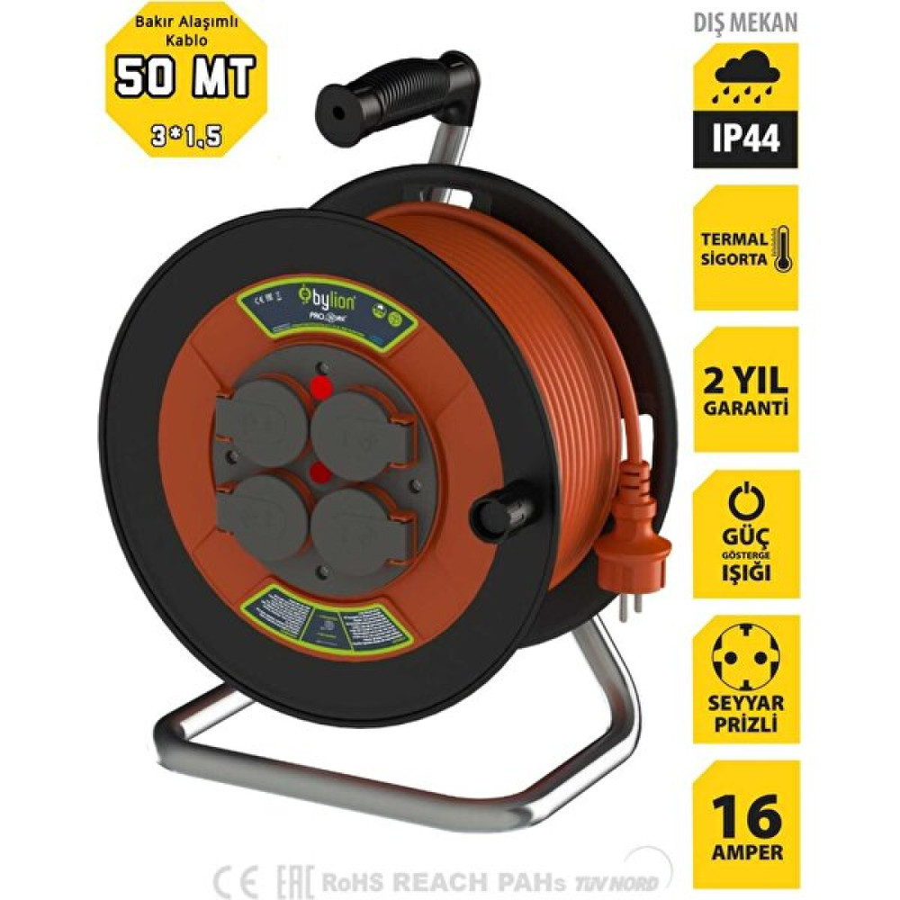 Bylion Makaralı Uzatma Kablosu 50 M 3x1,5 mm Ttr Kablo IP44 Prizler Fiyatı