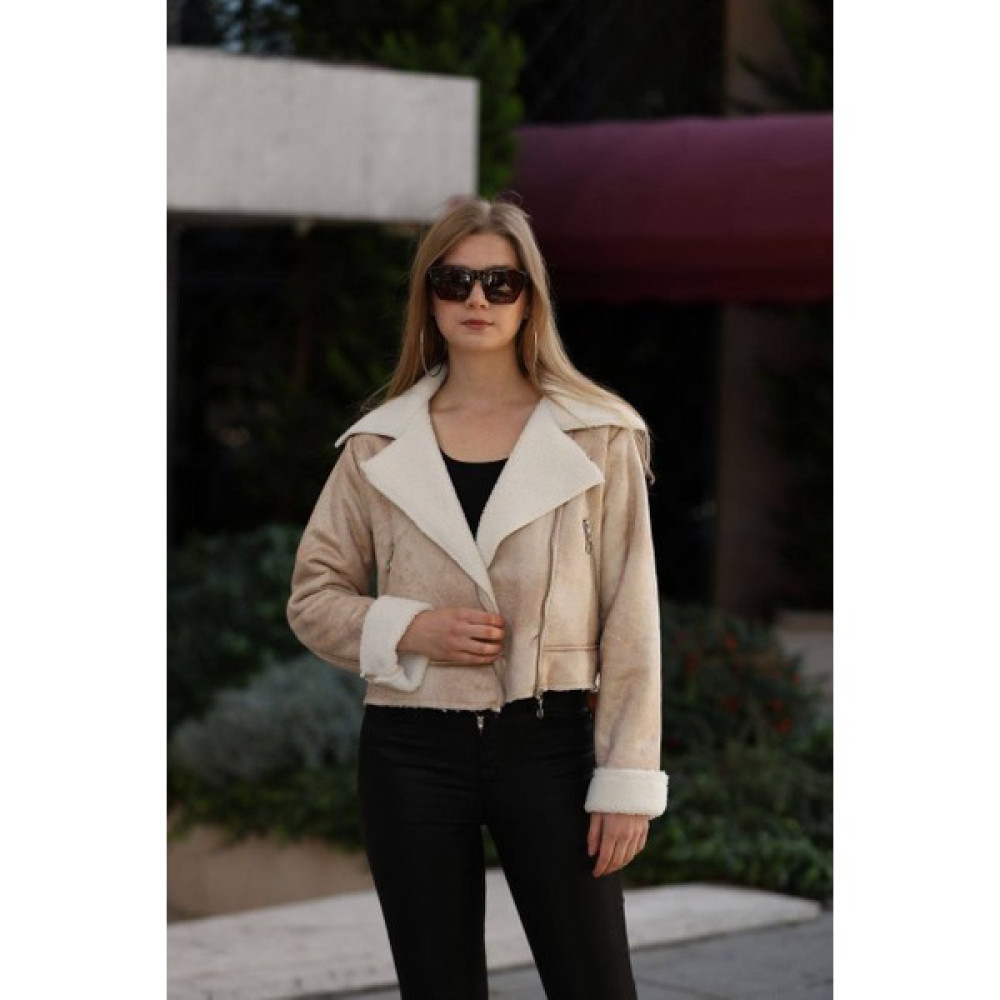 Byrsword Içi Suni Kürklü Süet Crop Biker Ceket Bayan Ceket Fiyatı