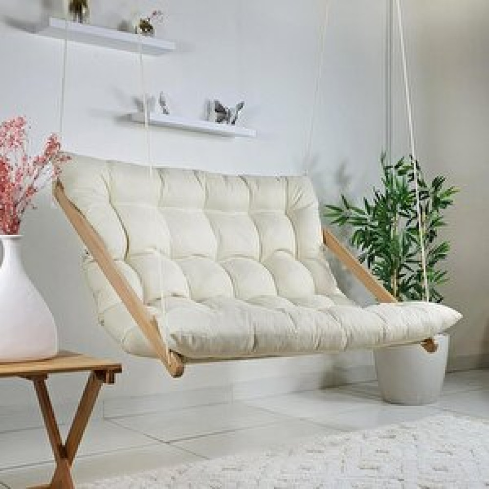 BySay Bysay Ahşap Puf Mi̇nderli̇ İki̇li̇ Salincak Hamak. Ev Balkon Teras Bahçe İçi̇n (krem) Krem Bahçe Salıncağı Fiyatı