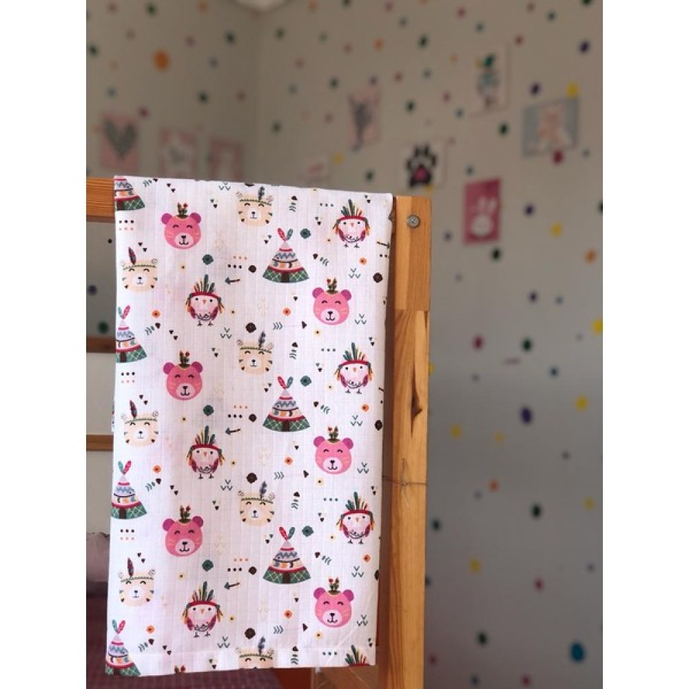 Byselinkaraca %100 Pamuklu Müslin Bebek Battaniyesi Çok Amaçlı Baykuş ve Ayıcık Desenli Müslin Bebek Örtüsü 83 x 83 cm - Beyaz - Pembe Bebek Battaniyesi Fiyatı