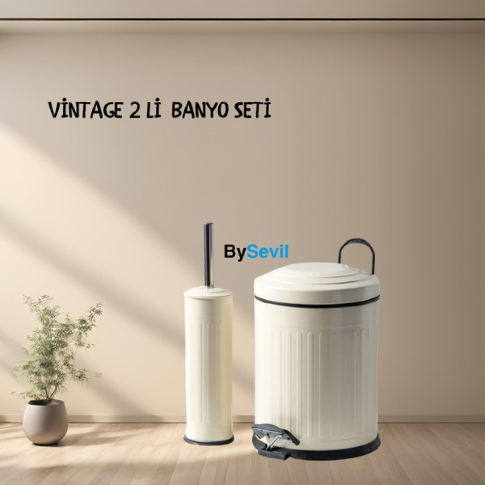 Bysevil Vintage 2 Li Çöp Kovası Çöp Kutusu Banyo Seti Çizgili Model 5 Litre ve Wc Fırçası Seti Krem Çöp Kovaları Fiyatı