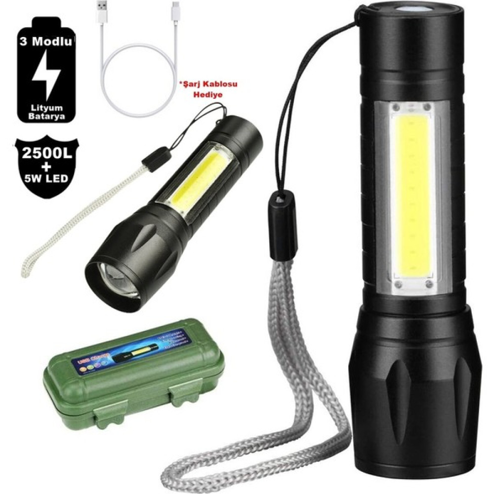 Bz Su Geçirmez Şarjlı El Feneri 2500 Lumens + 5W Cob LED USB Lion Şarjlı Ultra Güçlü Q5 Xpe (4130) El Feneri Fiyatı
