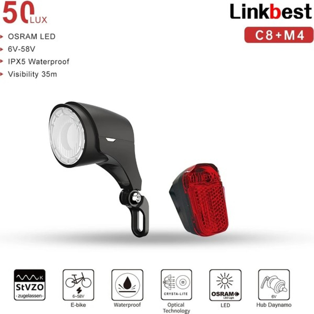 C8 M4 Stili Linkbest 50 Lux Bisiklet Ön Işık Su Geçirmez Far Arka Bisiklet Işık Osram Hub Dinamo Ebike Escooter Için LED (Yurt Dışından) Bisiklet Aksesuarları Fiyatı