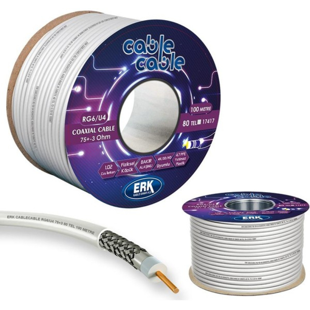 Cable Cable Anten Kablosu Rg6/u4 1.02MM 80TEL 100MT Erk Yerli Uydu Kablosu Fiyatı