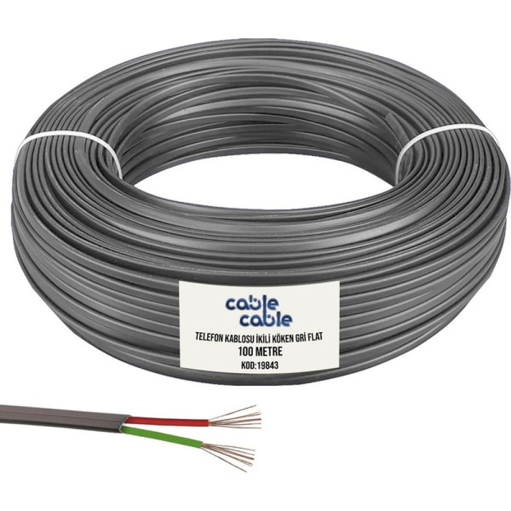 Cable Cable Köken Telefon Kablosu Ikili Gri Flat 100 mt Cablecable - 100 m Ağ / Network Kablosu Fiyatı