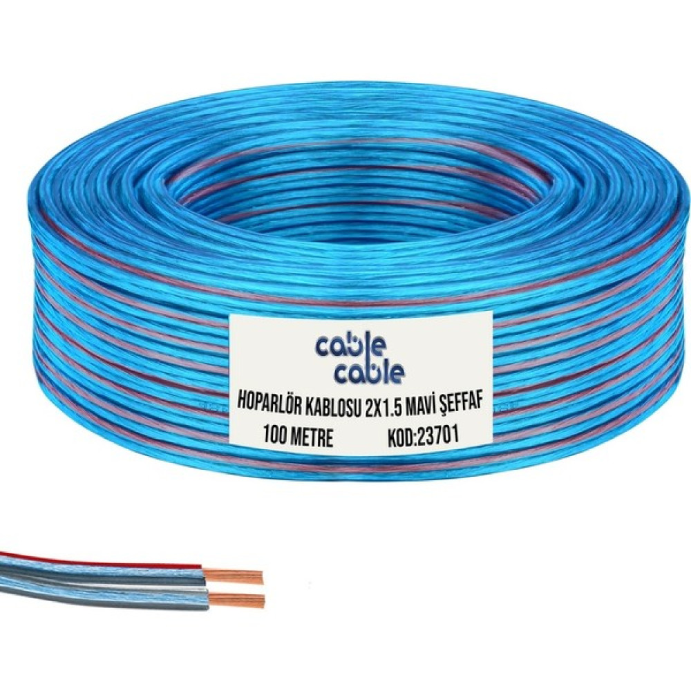 Cable Cable Kordon Hoparlör Kablosu 2 x 1.5 mm Mavi Şeffaf 100 mt Cablecable Ses Kablosu Fiyatı
